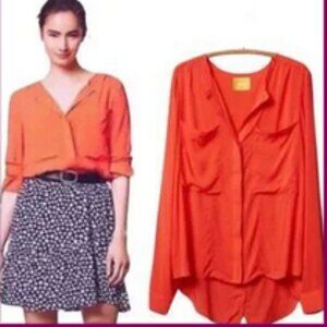 Anthropologie Maeve Coral LS Button Down Top Back Slit Oversized Pockets, sz 10